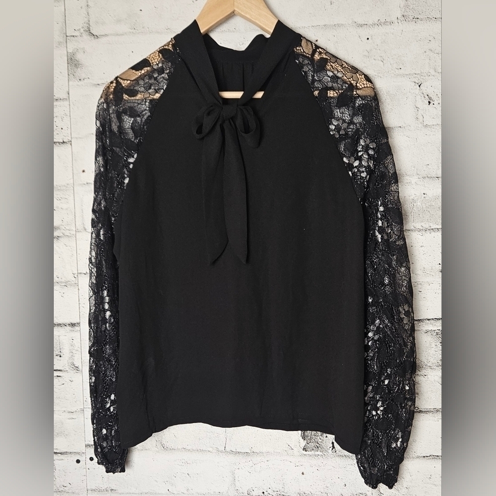 SHEIN Black Lace Sleeve Blouse Bow Tie Neck Top XL